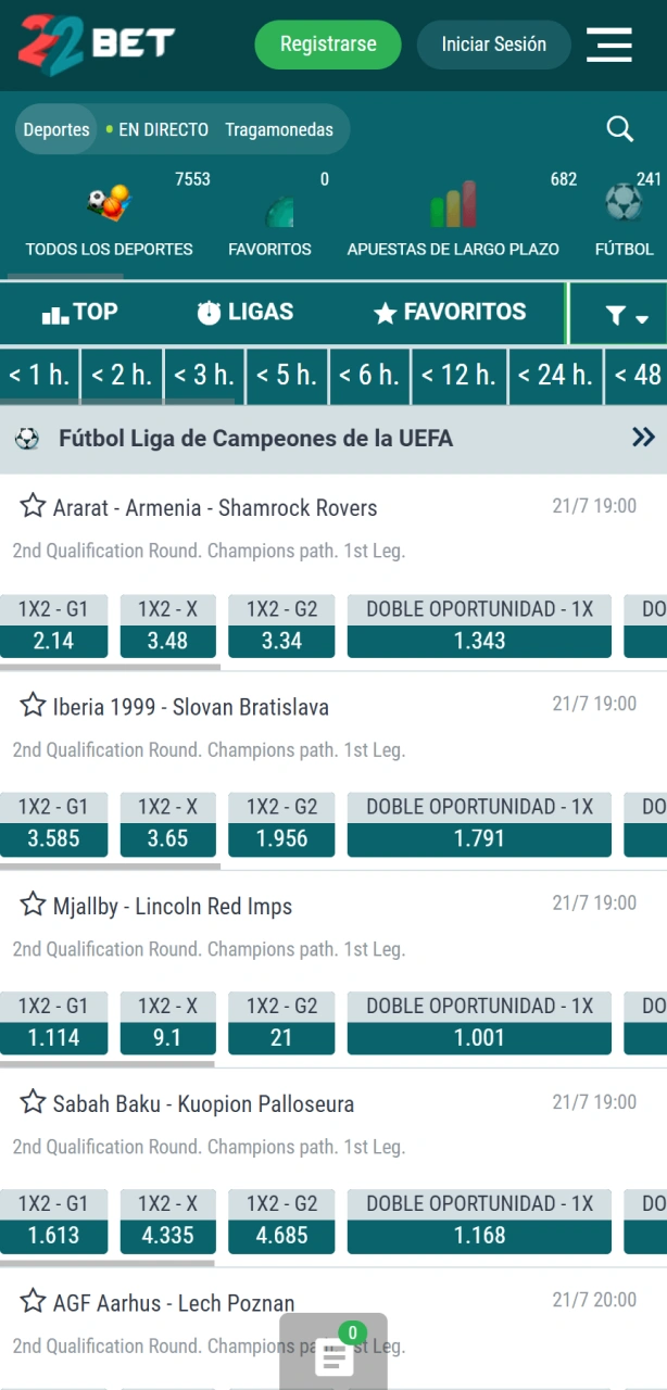 Navegá por los eventos deportivos disponibles en la app de 22Bet.