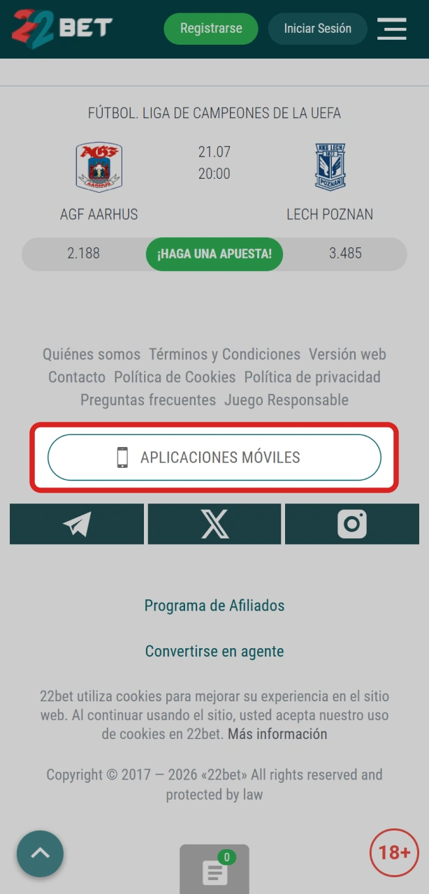 Tocá el botón de descarga de la app de 22Bet para iOS en tu dispositivo iPhone.