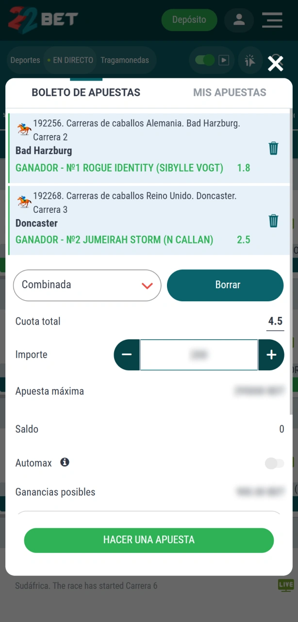 Confirmá tu ticket para completar tus apuestas de carreras de caballos en 22Bet.
