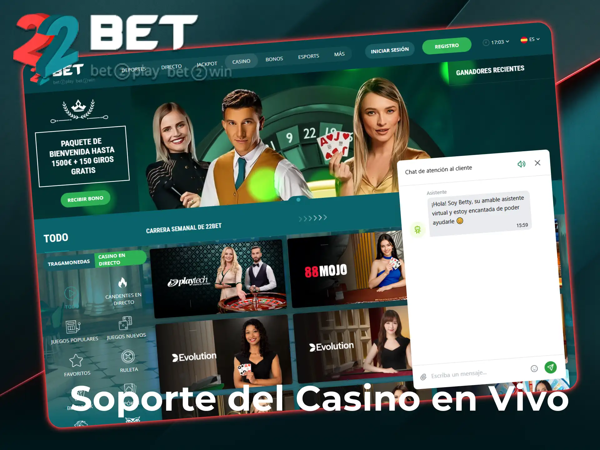 Contactá al soporte al cliente del casino en vivo de 22Bet ante cualquier consulta.