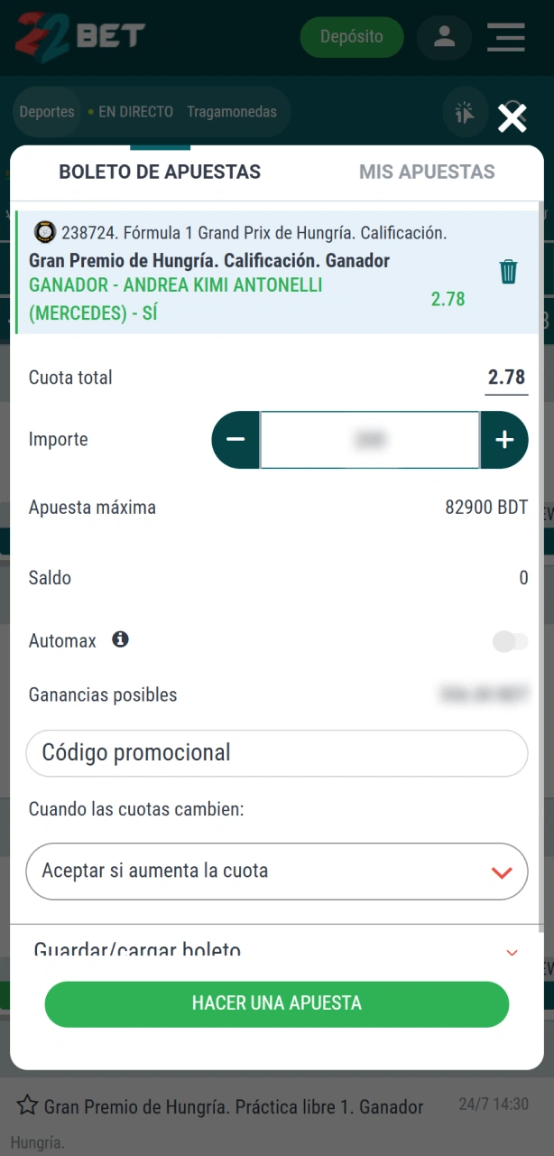Confirmá tu ticket para colocar tu apuesta de Fórmula 1 en 22Bet.