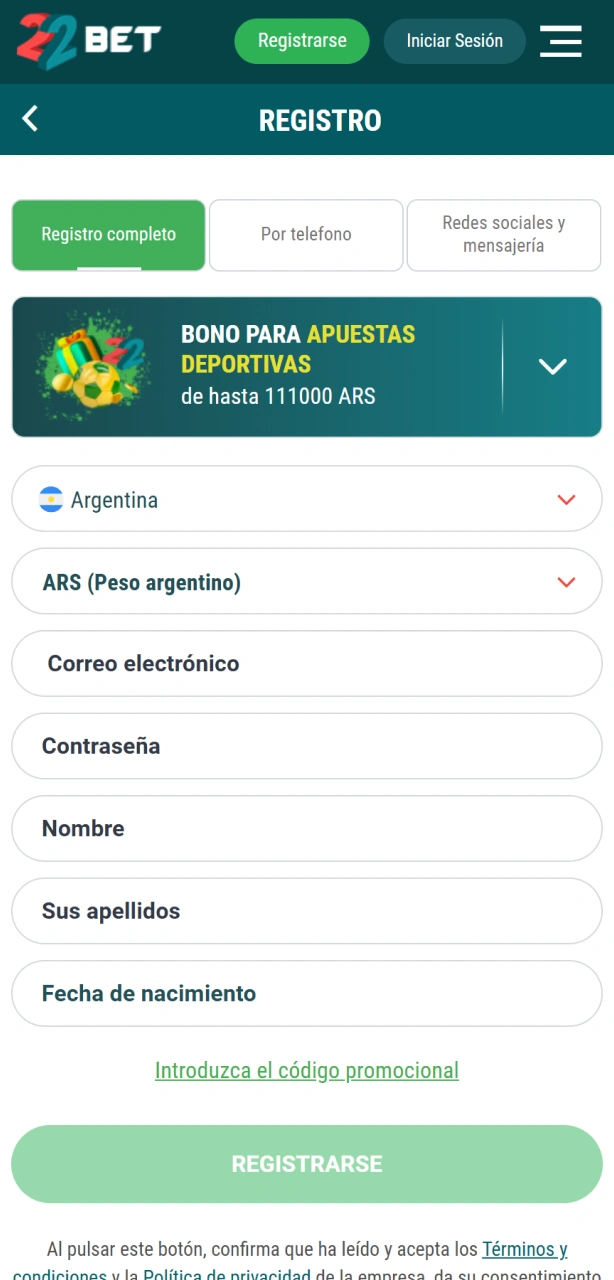 Creá tu cuenta para apostar al fútbol en 22Bet Argentina fácilmente.