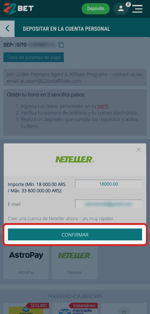 Confirmá la transacción para finalizar el depósito en tu cuenta de 22Bet.