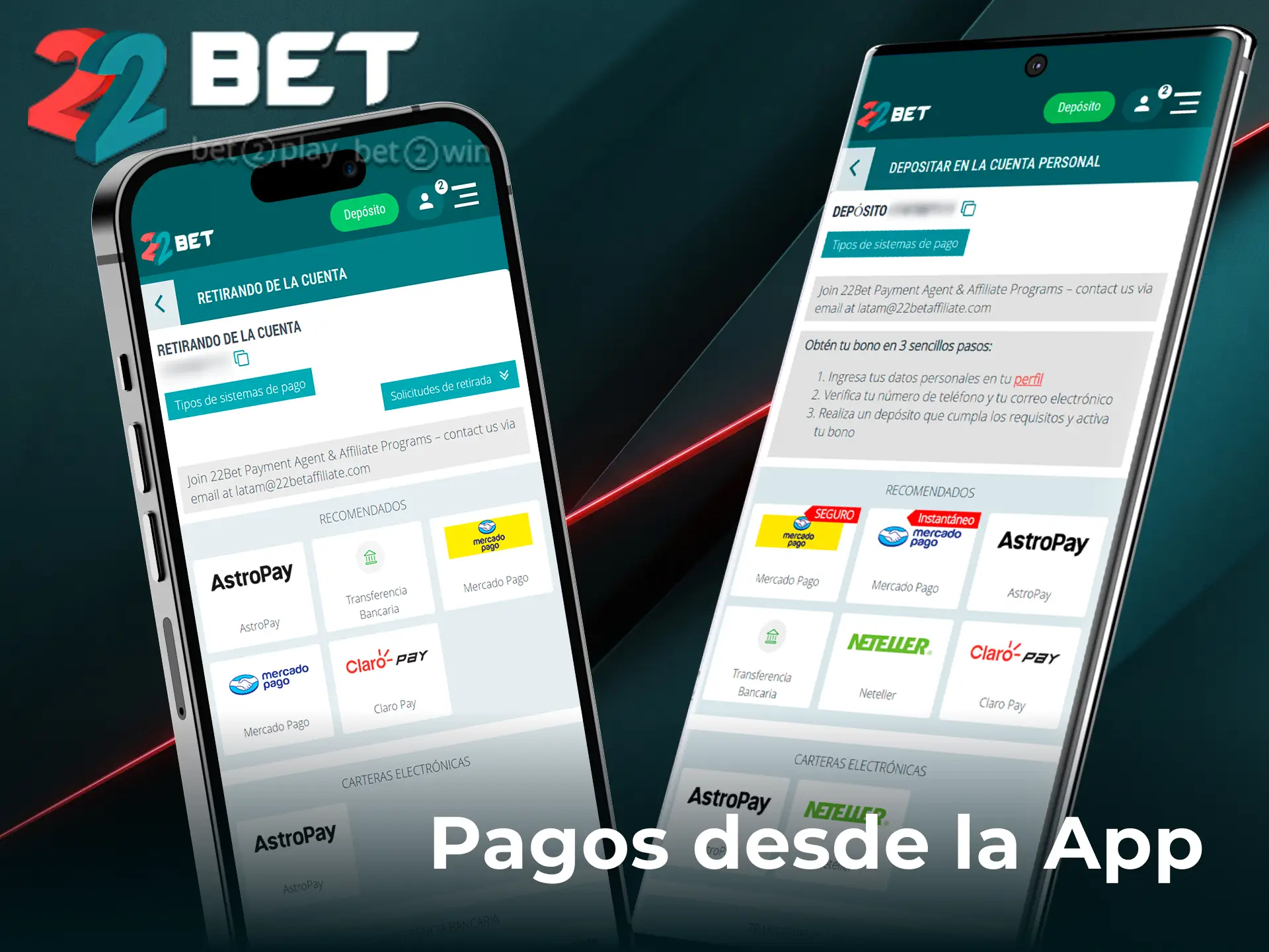 Realizá tus depósitos y retiros en 22Bet Argentina usando la app móvil.