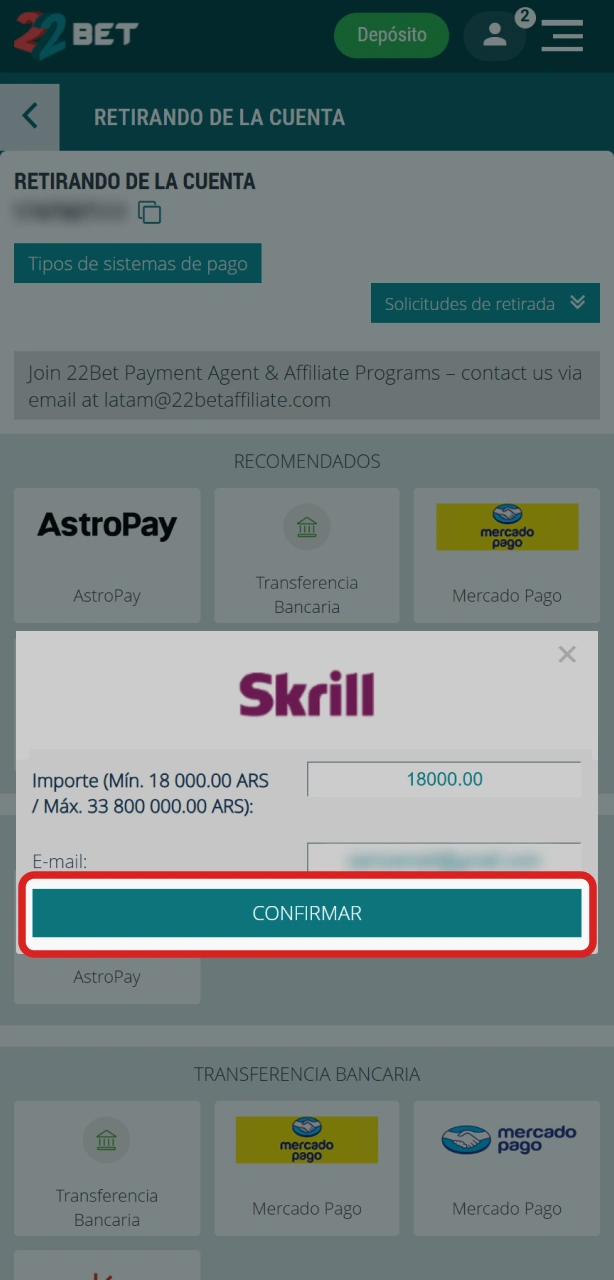 Enviá la solicitud para completar el retiro de dinero en tu cuenta de 22Bet.