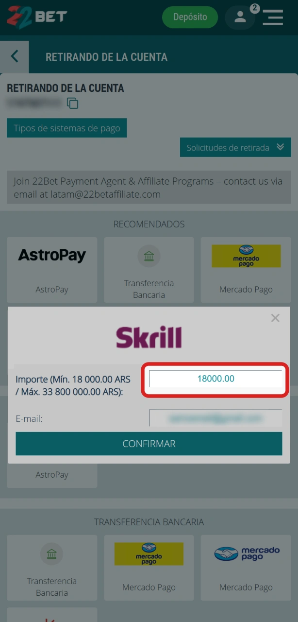 Ingresá el importe deseado para procesar el retiro de dinero en 22Bet.