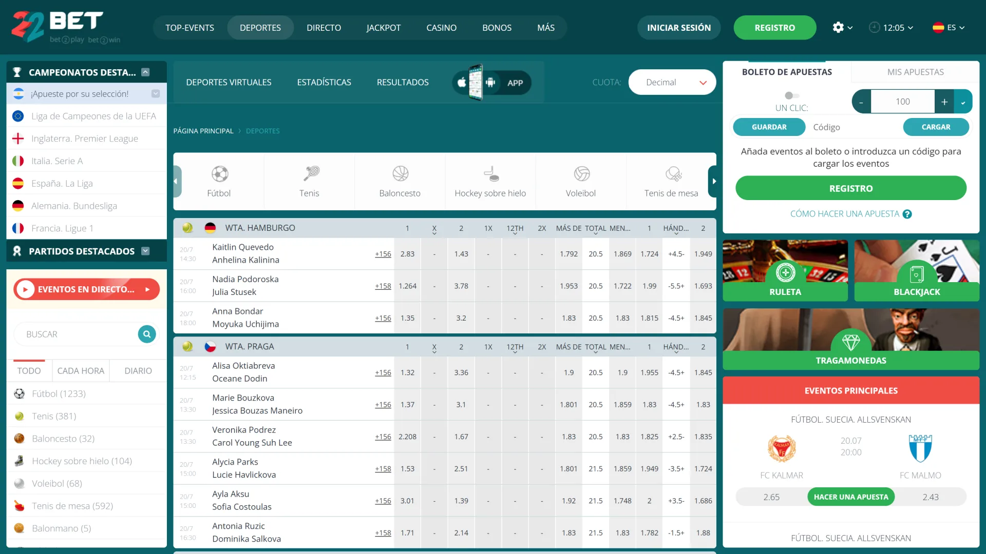Apuesta en tus deportes favoritos a través de la plataforma 22Bet.
