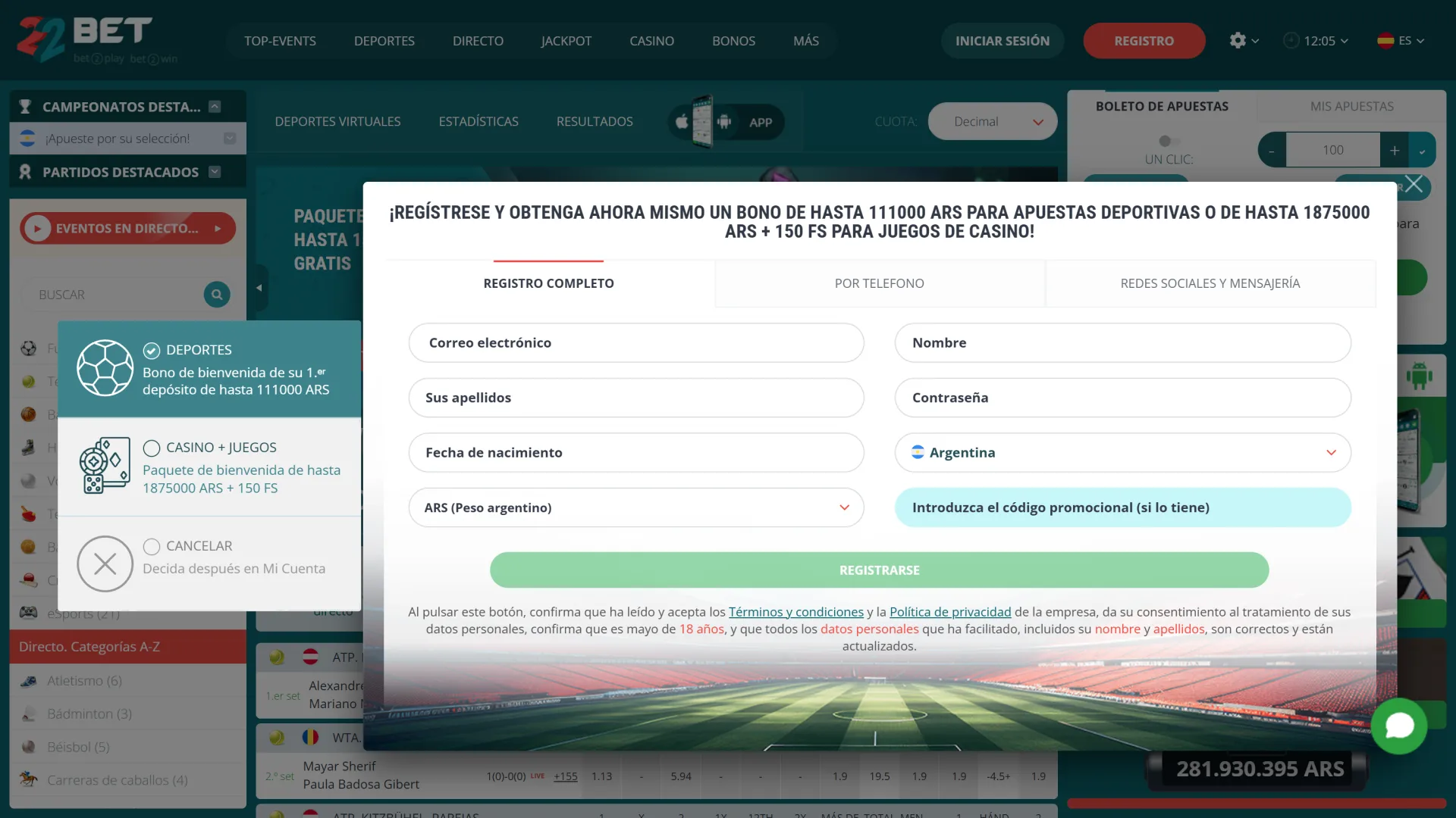 Crea una cuenta nueva en la sección de registro de 22Bet.