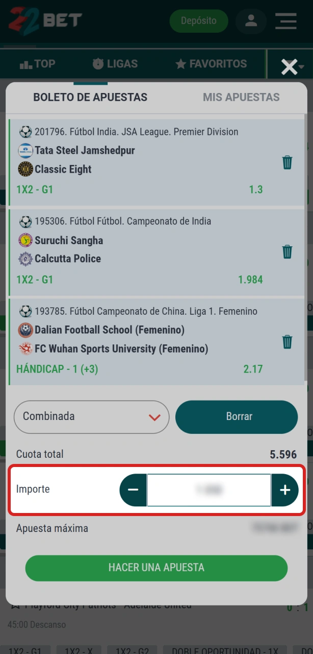 Configurá tu boleto con las cuotas elegidas en 22Bet para asegurar tu apuesta.