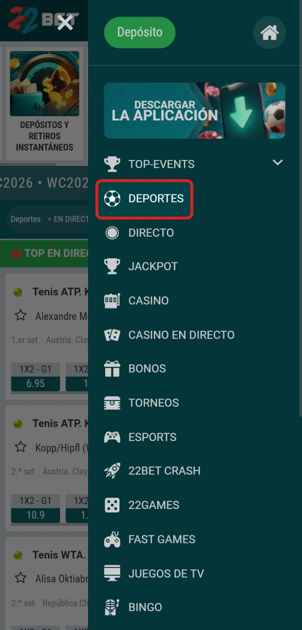 Accedé a la sección de deportes en 22Bet Argentina para comenzar a realizar tu apuesta.