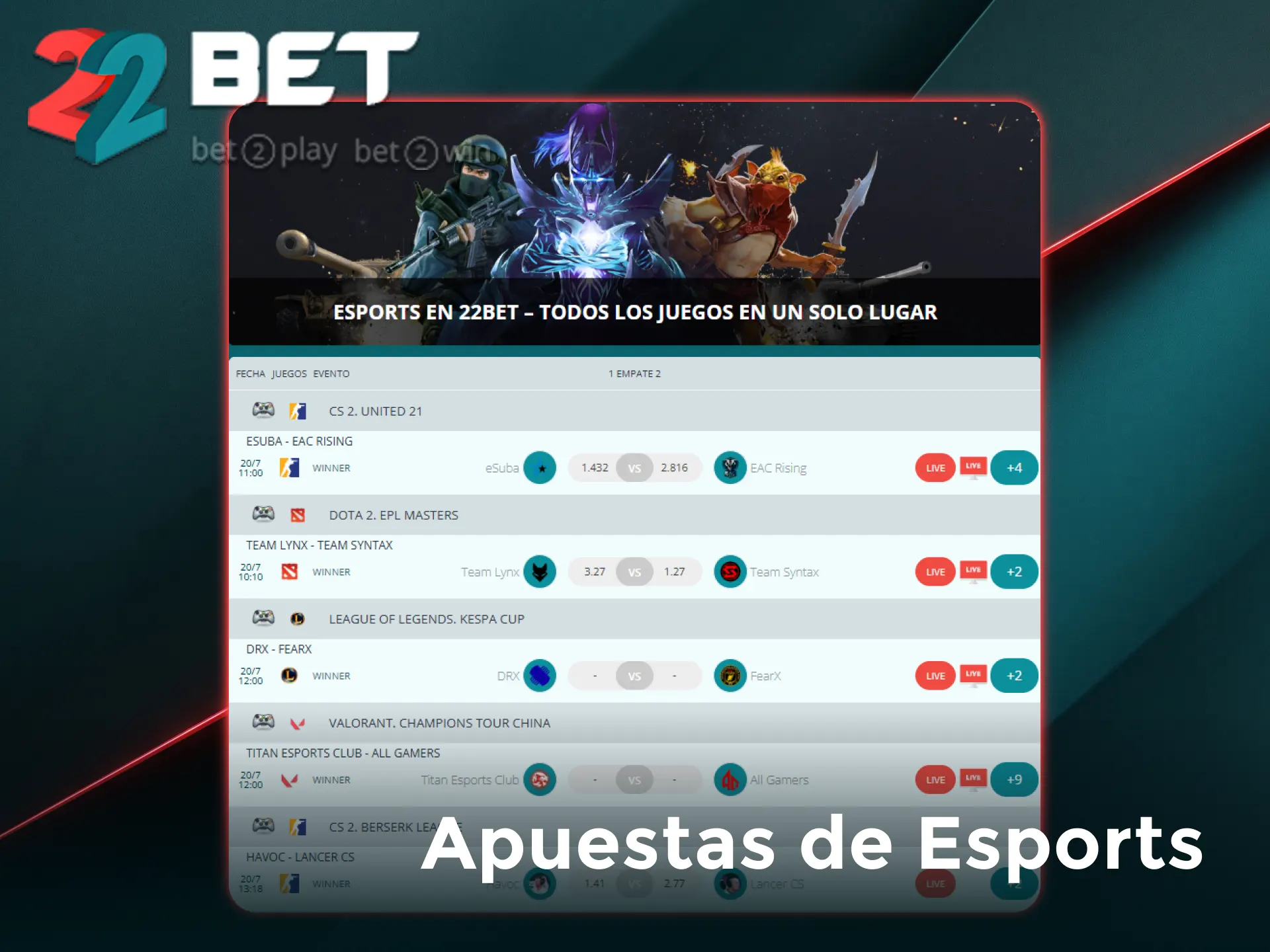 Apostá en deportes electrónicos dentro de 22Bet Argentina para ganar dinero real.