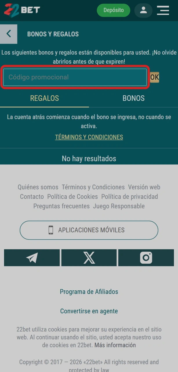 Ingresá el código promocional antes de reclamar los bonos de 22Bet en la plataforma.