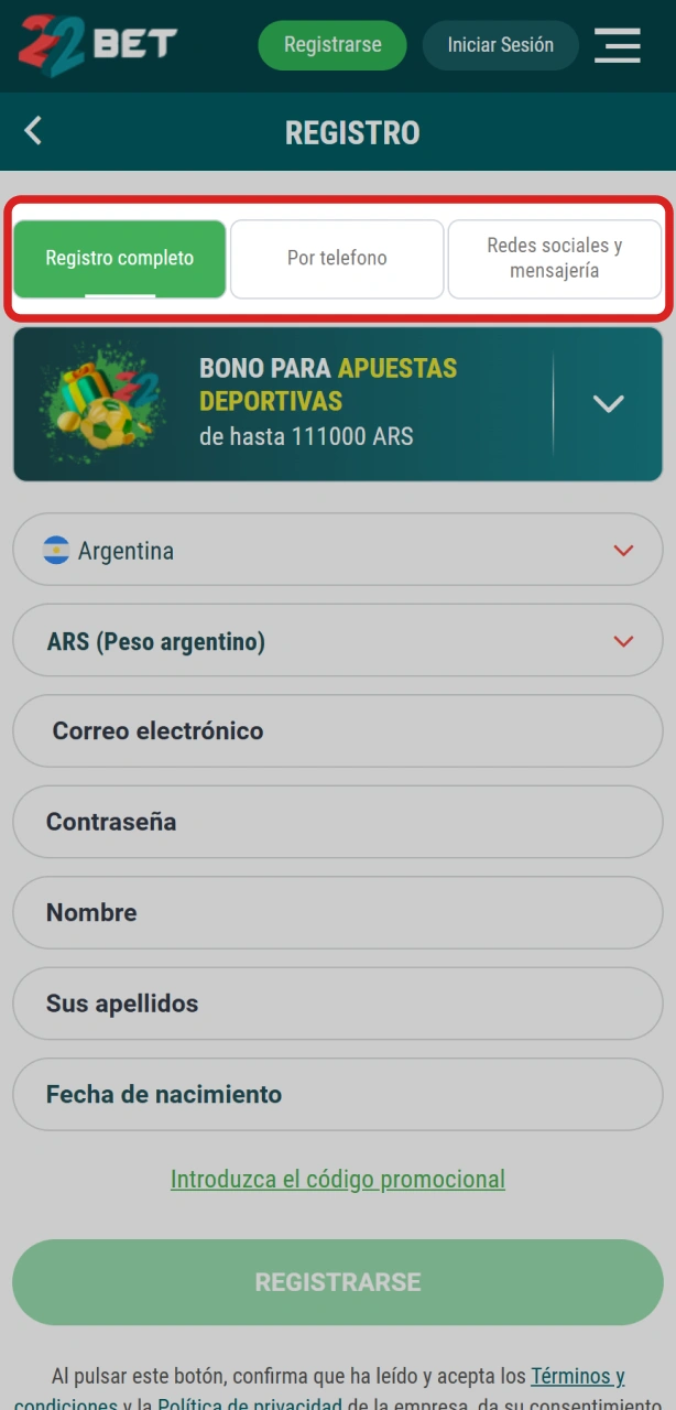 Elegí tu método de registro preferido para crear tu cuenta en 22Bet.