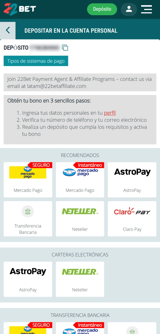 Realizá un depósito para empezar a apostar al tenis en 22Bet.