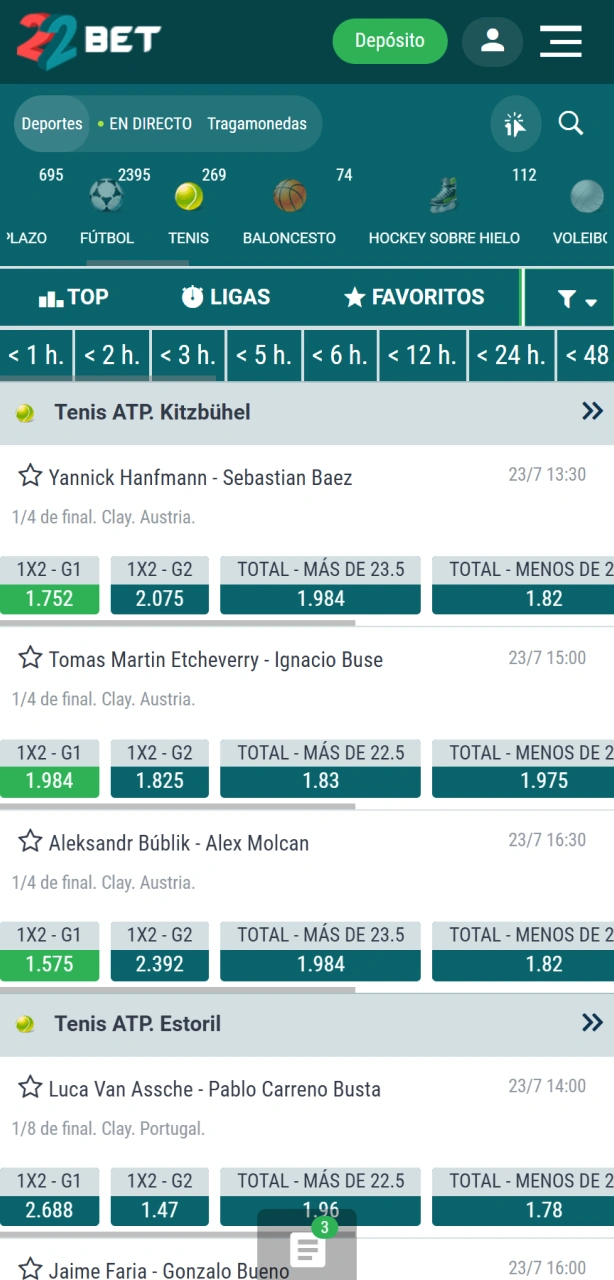 Elegí un partido de tenis disponible para tu apuesta en 22Bet.